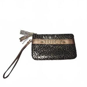 Juicy Couture Women's Black and Gold Leopard Print Wristlet Clutch Size Small